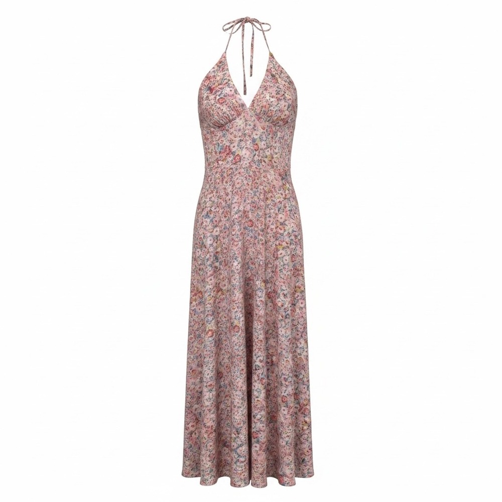 #B28 EN SAISON Halter Maxi Dress Sz. L‎ Pink Floral Ruffle Smocked PTP: 17-18.5